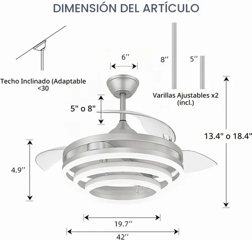 Vista 6 de FIDGRA Ventilador de techo retráctil de 42 pulgadas con luz, color plateado