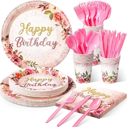 Vista 8 de Roshtia 175 piezas de suministros florales para fiesta, sirven a 25 invitados, juegos de vajilla de rosa de feliz cumpleaños para adultos y mujeres