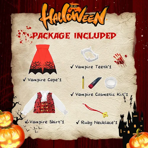 Vista 4 de Vampire Costume Kids Boy Medieval Scary Vampire Costume for Halloween Party, Vampire Teeth Cosmetic Kit IncludedBlack Red