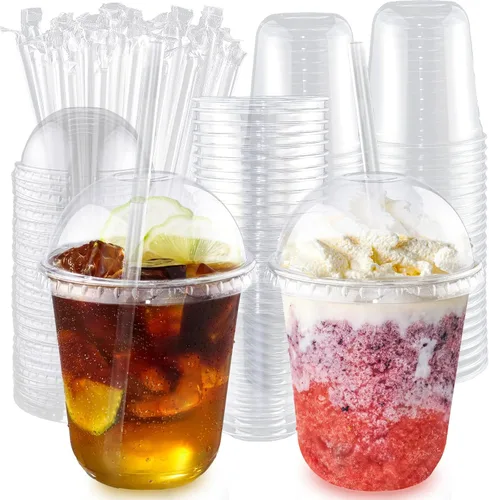 Vista 6 de Qsqwsuye Juego de 50 vasos desechables de plástico transparente de 12 onzas con tapas de cúpula y pajitas, vasos de plástico duraderos para fiestas