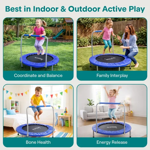 Vista 6 de SereneLife Mini trampolín plegable de 36 pulgadas para niños - Rebotador de fitness compacto con mango de espuma - Trampolín de ejercicio seguro