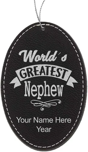 Vista 7 de LaserGram Personalized Christmas Ornament, World's Greatest Nephew, Faux Leather, Custom Laser Engraved Gift Idea (Oval Shape, Black with Gold)