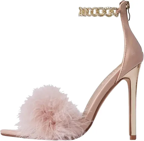 Vista 6 de Sandalias para mujer, estilo casual, verano, cadena peluda, correa al tobillo, sandalias de tacón alto, sandalias de tacón alto, sandalias de moda