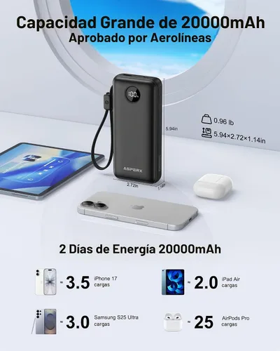 Vista 9 de AsperX cargador portátil 45W, batería de carga rápida del banco del poder Negro