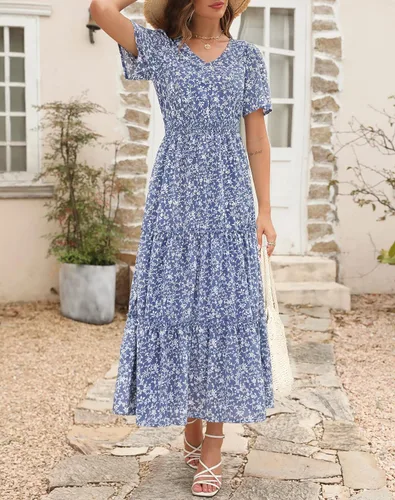 Vista 5 de Zattcas Vestido largo casual de verano para mujer 2023, manga corta, cuello en V, fruncido, escalonado, modesto, floral, bohemio, vestido maxi