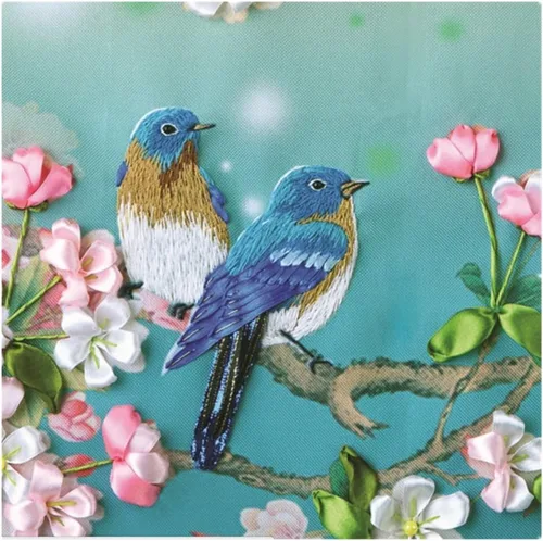 Vista 3 de Kit de bordado de cinta, pájaros cantantes, decoración de pared, kit de bordado de cinta con instrucciones en inglés