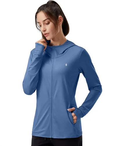 Vista 12 de Soothfeel Chaqueta con capucha y protección solar UPF 50+ para mujer, ligera, de manga larga, con bolsillo, para senderismo al aire libre d-celeste