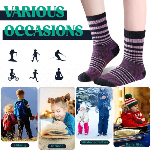 Vista 6 de DoSmart Calcetines de senderismo de lana merino para niños y niñas, térmicos, cálidos, gruesos, acogedores, acolchados, 6 pares