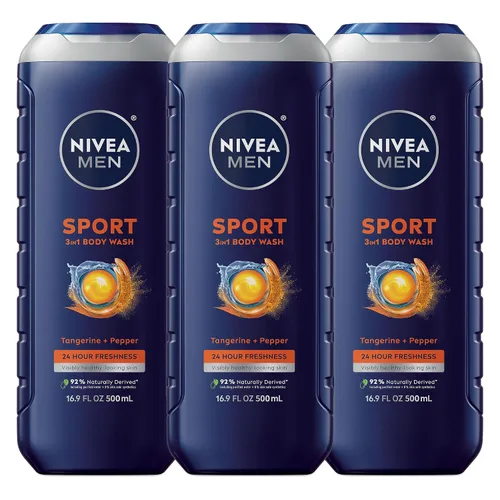 Vista 22 de NIVEA Men Sport Body Wash con minerales revitalizantes, aroma a mandarina y pimienta, gel de baño 3 en 1 para hombre, cara y cabello, sin parabenos