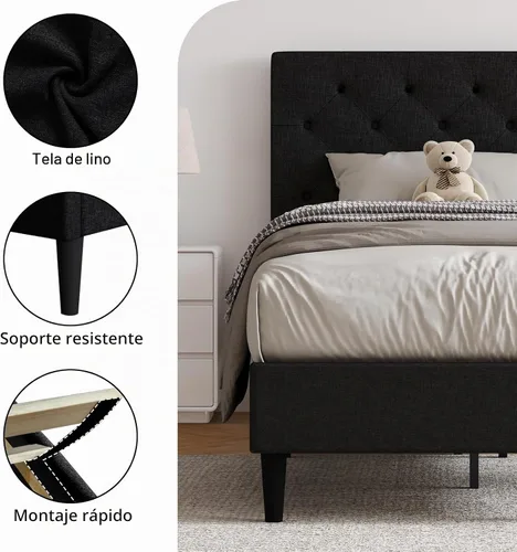 Vista 3 de HOMBCK Base de cama de tamaño individual con cabecera, base de cama tapizada con plataforma de lino para niños, base de cama de tamaño individual