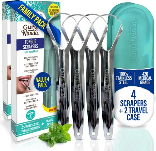 Vista 14 de GuruNanda Raspador de lengua para niños (paquete de 2) con estuche de viaje, acero inoxidable, ayuda al aliento fresco, limpiador de lengua apto