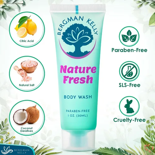 Vista 2 de BERGMAN KELLY Gel de baño de tamaño viaje (1 onza líquida, 100 unidades, Nature Fresh), deleita a tus invitados con un gel de baño refrescante