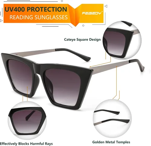 Vista 4 de FEISEDY Gafas de sol de lectura para mujer, gafas de sol con lector de ojo de gato de moda para hombres B4120