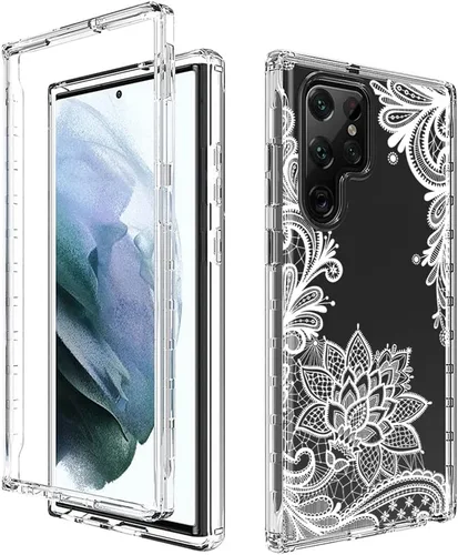 Vista 6 de Funda para Galaxy S22 Ultra 5G SM-S908U con protector de pantalla de vidrio templado, bonito patrón de mandala transparente, funda protectora