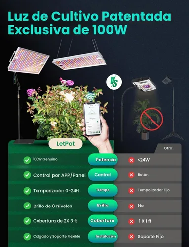 Vista 2 de LETPOT Luces de cultivo de 100 vatios (salida máxima de 120 W) para plantas de interior de espectro completo, aplicación inteligente, luz ajustable