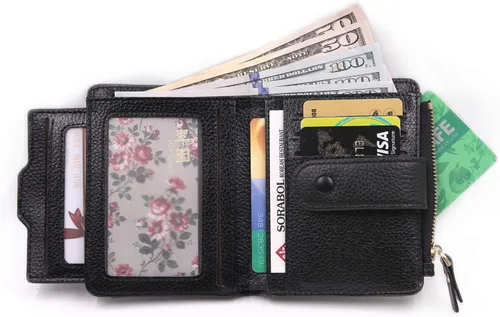 Vista 2 de Mini cartera plegable de cuero suave con protección RFID, para mujer, con funda para tarjeta, con ventana de identificación, monedero
