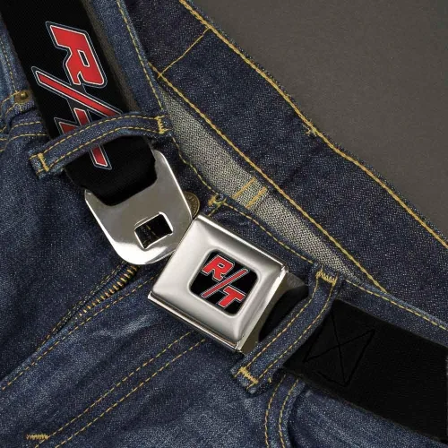 Vista 2 de Cinturón de seguridad con hebilla Dodge Challenger RT Emblema Repeat NegroAzulBlancoRojo 1.0 pulgadas de ancho 20-36 pulgadas de longitud