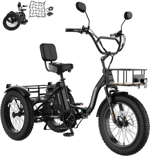 Vista 11 de MOONCOOL Triciclo eléctrico plegable para adultos, Etrike de aluminio de 20 pulgadas, clasificado 500 W, batería extraíble de 48 V frenos de disco