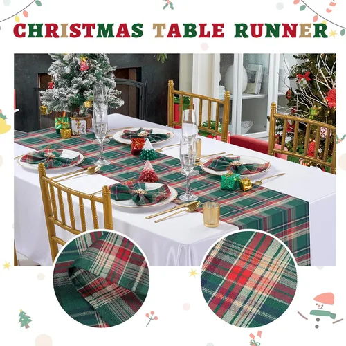 Vista 4 de Camino de mesa a cuadros de Navidad de búfalo, camino de mesa rectangular de cuadros de Navidad para decoración de mesa de cena de fiesta de Navidad