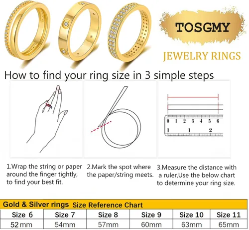 Vista 6 de TOSGMY Anillos de oro y plata para mujer, sin deslustre, anillos apilables modernos y delicados chapados en oro de 18 quilates, con circonita