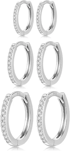 Vista 2 de Juego de 4 pares de aretes de aro pequeños de plata de ley 925 para mujer, con circonita cúbica, aretes de hélix para múltiples piercings