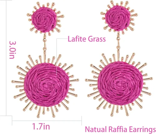 Vista 4 de Aretes colgantes de rafia hechos a mano, aretes bohemios con forma de explosión de sol para vacaciones de verano en la playa