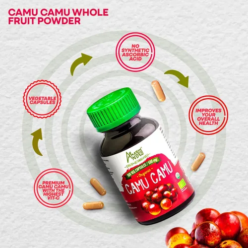Vista 3 de Camu Camu Cápsulas l Potente fuente de vitamina C l Refuerzo del sistema inmunológico l Orgánico y Comercio Justo Certificado l 100 pastillas