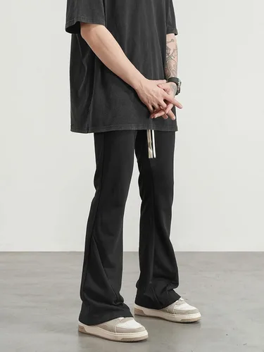 Vista 3 de WDIRARA Pantalones deportivos acampanados de pierna ancha para hombre, pantalones con cordón de cintura alta, casuales, para exteriores