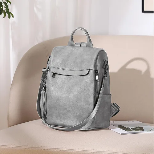 Vista 13 de Bromen - Mochila tipo bolso de mano de piel antirrobo para mujer a la moda, Beige floral, L