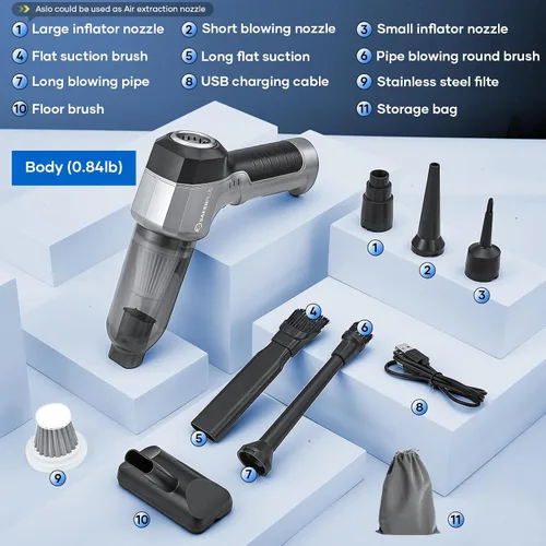Vista 6 de SakerPlus Aspiradora Mini, Aspirador de Coche 3 en 1 de Alta Potencia, Succión Potente de 15000PA, Aspiradora de Aire y Polvo, 7500mAh, Filtro Dual