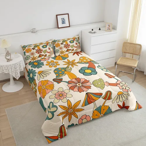 Vista 4 de Feelyou Juego de edredón retro de flores hippie para niñas y niños, tamaño individual, bonito edredón decorativo de hongos para habitación, 60S
