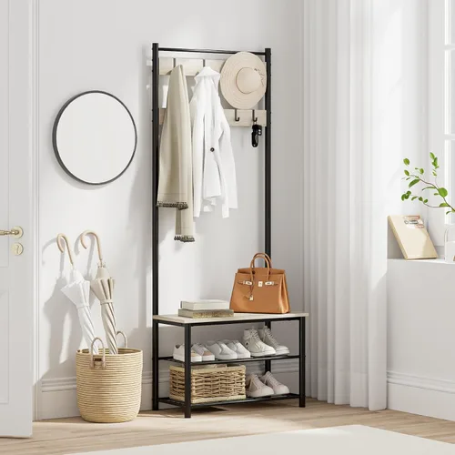 Vista 8 de Árbol de pasillo con banco y almacenamiento para zapatos, perchero para zapatos de 3 en 1, perchero de pie de madera independiente con marco
