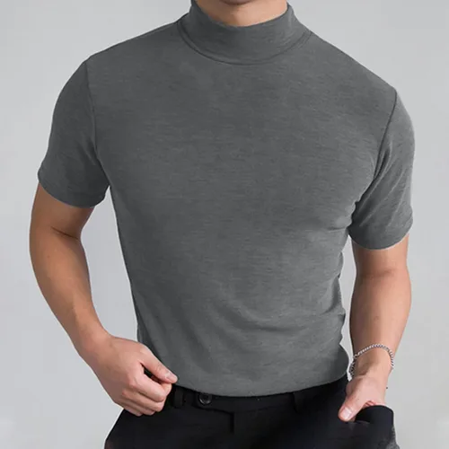 Vista 2 de Camiseta de manga corta para hombre, básica, cuello alto, ajustada, sin botones, térmica, sólida