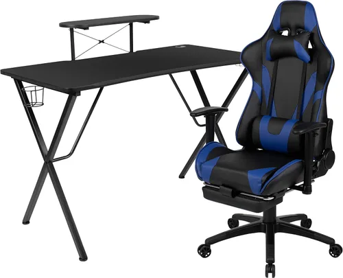 Vista 28 de Flash Furniture Juego de escritorio para juegos negro y silla de carreras blanco/negro con soporte para tazas, gancho para auriculares y soporte