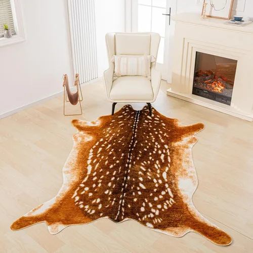 Vista 12 de Deer Rug - Tapete de piel de vaca sintética con estampado de ciervos Sika para sala de estar (6.1 x 5 pies)