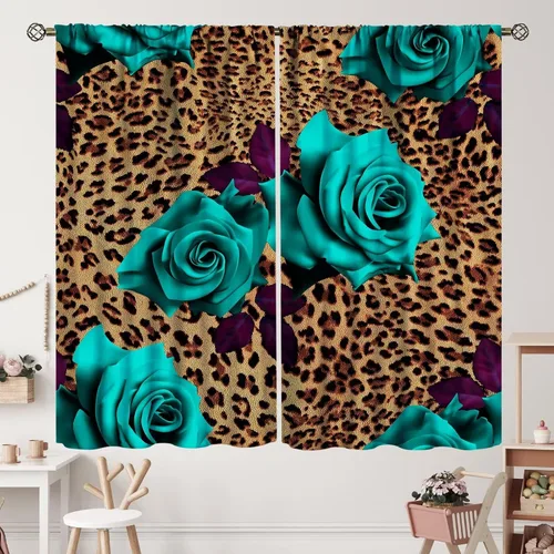Vista 8 de Cortinas de leopardo con estampado de flores de guepardo y rosas de África, con bolsillo para cortinero, para dormitorio, sala de estar, decoración