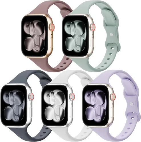 Vista 8 de Paquete de 5 bandas de silicona delgadas compatibles con Apple Watch de 38mm 42mm 40mm 44mm 41mm 45mm 46mm 49mm, correa deportiva estrecha y delgada