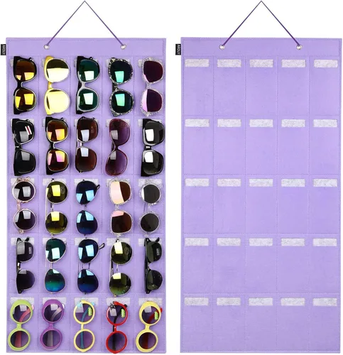 Vista 10 de AROUY Organizador de gafas de sol, organizador de gafas con bolsillo para colgar en la pared - Organizador de gafas de sol con 16 ranuras de fieltro