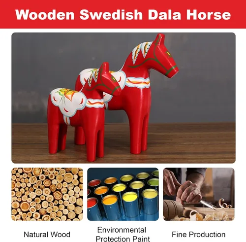 Vista 6 de Plplaaoo 1 par de caballos de madera de Dala de Europa, estatua de caballos de madera suecos, pintada a mano, decoración de caballo Dala sueco rojo