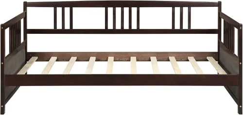 Vista 5 de Flieks Sofá cama de madera de tamaño individual, sofá cama multifuncional de madera maciza con soporte de 10 listones de madera (espresso)