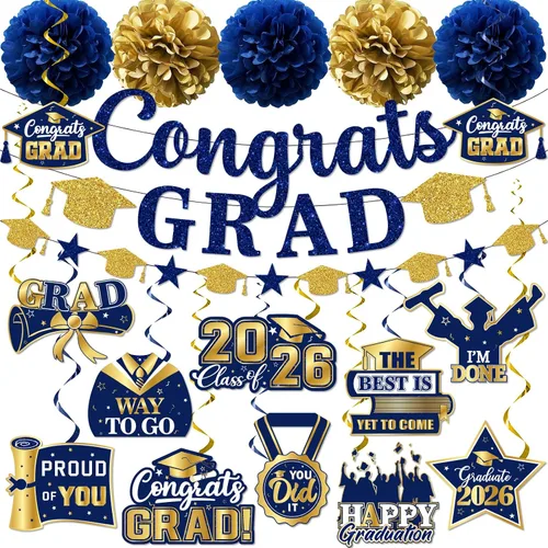 Vista 12 de Decoraciones de graduación 2026, pancarta de felicitaciones con purpurina, espirales colgantes y pompones de tela, decoraciones de graduación negras