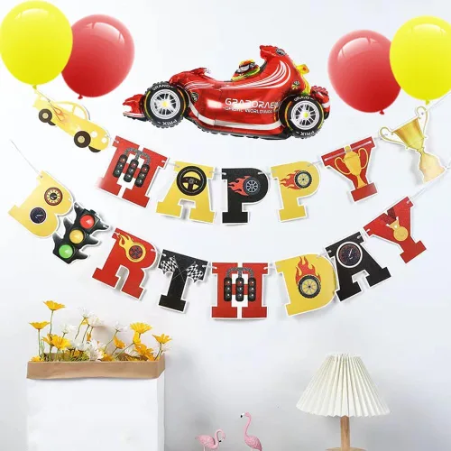 Vista 5 de Suministros para fiestas de carreras, decoraciones de fiesta de cumpleaños para niños, contiene una pancarta de carreras, 6 globos de aluminio, 4