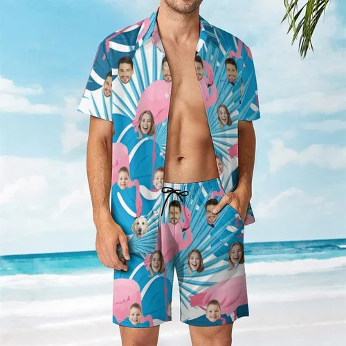 Vista 2 de Conjunto de camisa hawaiana personalizada para hombre, camisa de manga corta con botones y pantalones cortos, conjuntos casuales de vacaciones