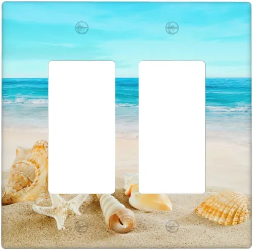 Vista 17 de Cubierta para interruptor de luz, diseño de conchas marinas en la playa, placas de pared de 2 bandas, 1 paquete