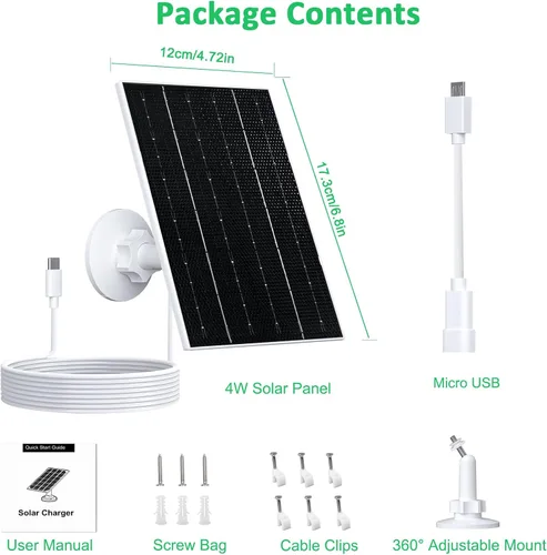 Vista 7 de FUTUREZEN Panel solar de 4 W para cámara de seguridad, cargador solar tipo C/micro USB para cámaras de batería recargable, impermeable IP66, soporte