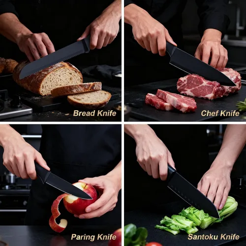 Vista 7 de Juego de cuchillos de cocina con bloque, juego de cuchillos de 15 piezas con afilador integrado, apto para lavavajillas, cuchillas de acero