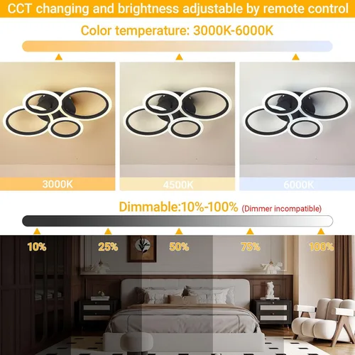 Vista 2 de Moderna lámpara LED de techo de 22 pulgadas, 36 W, 3000 lúmenes, 3000 – 6500 K, regulable con control remoto, lámpara de techo empotrada para Negro