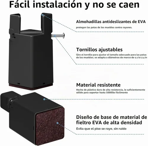 Vista 3 de Elevadores de cama de 4 pulgadas con abrazadera de tornillo ajustable, paquete de 4, color negro