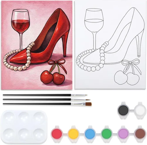 Vista 7 de VOCHIC Kit de pintura de lienzo predibujado para adultos para pintura, kit de fiesta, pintura y sorbo, suministros de fiesta, lienzo de 8 x 10