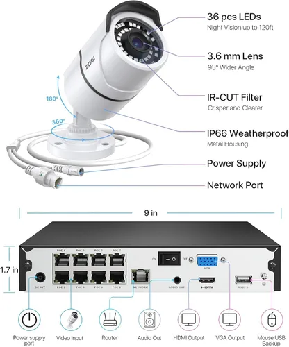Vista 8 de ZOSI Sistema de cámara de seguridad PoE de 8 canales de 5 MP, NVR H.265+ de 8 canales de 5 MP con disco duro de 1 TB, 4 cámaras IP PoE